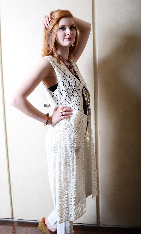 Vintage White Stag Full Length Crochet Vest - image 1