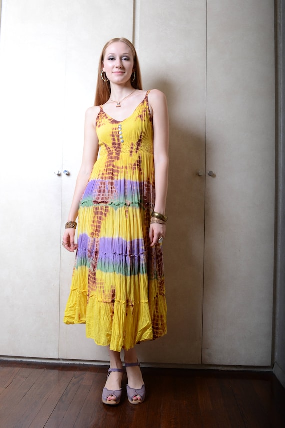 Vintage Yellow and Purple Tie-Dye Indian Dress