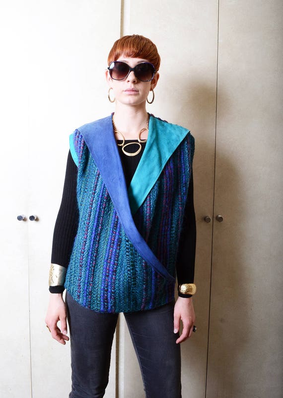 Vintage 1980's Multicolored, Suede and Wool Vest