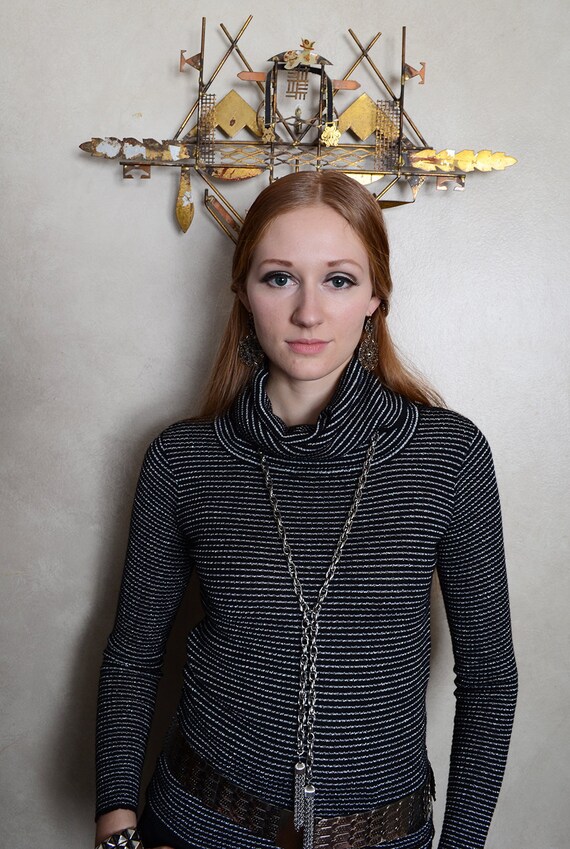 Vintage Jaeger Black and Silver Striped Cowl Neck… - image 2