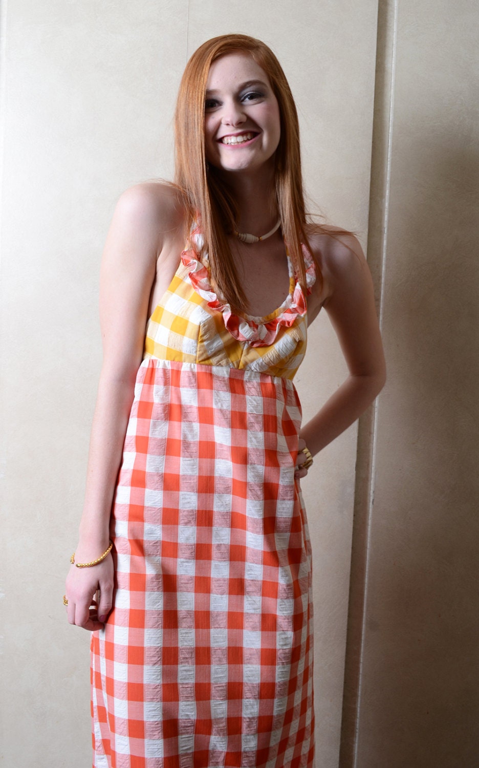 Vintage Saks Fifth Avenue Gingham White Halter Dress With Red and