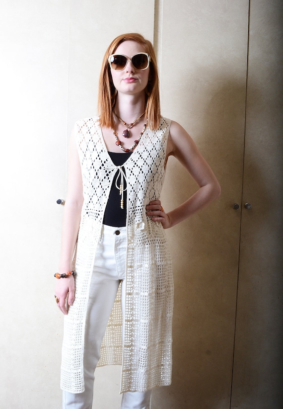 Vintage White Stag Full Length Crochet Vest - image 2