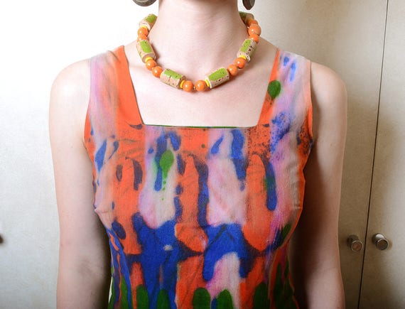 Vintage Blue, Green & Orange Shift Dress - image 5