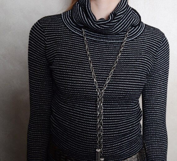 Vintage Jaeger Black and Silver Striped Cowl Neck… - image 5