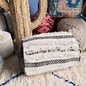Vintage Handira and Leather Pouf/Floor Cushion - Leather, Wool and Sequins - Handmade