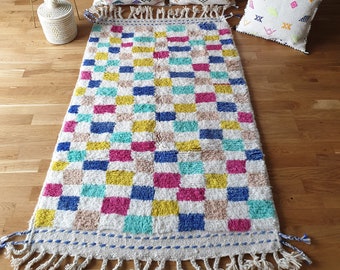 Grand Tapis Marocain Boucherouite Motif Damier - Tendance Ethnique