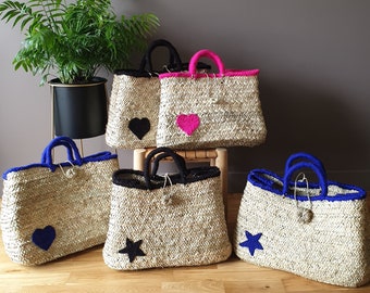 &quot;Madame&quot; basket woven and embroidered with wool motifs, short handles trimmed with wool - Handmade