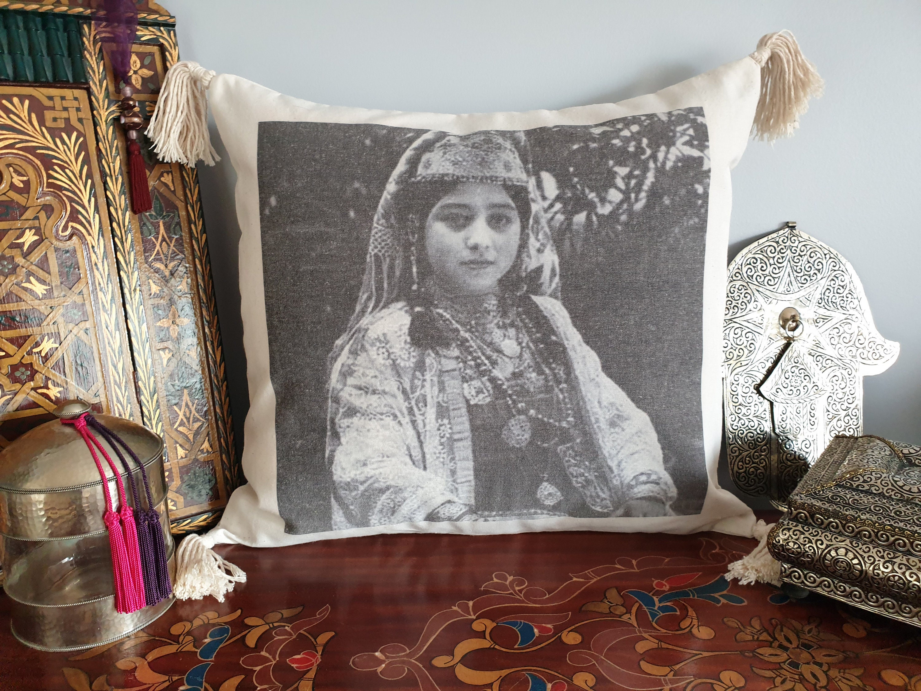 Housse de Coussin en Coton Portrait Vintage