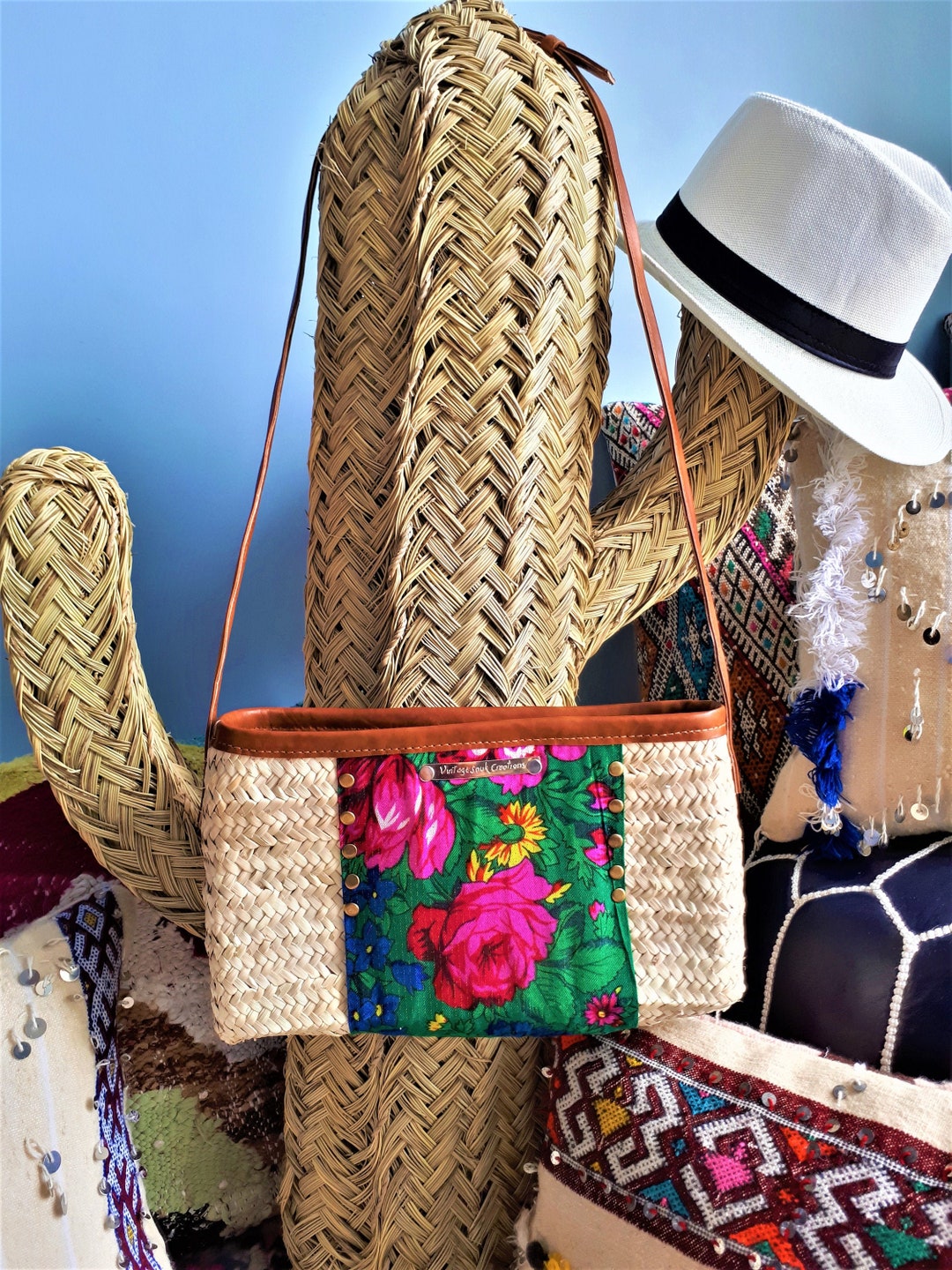 Nana Handbag in Doum and Fabric scarf Handmade Etsy