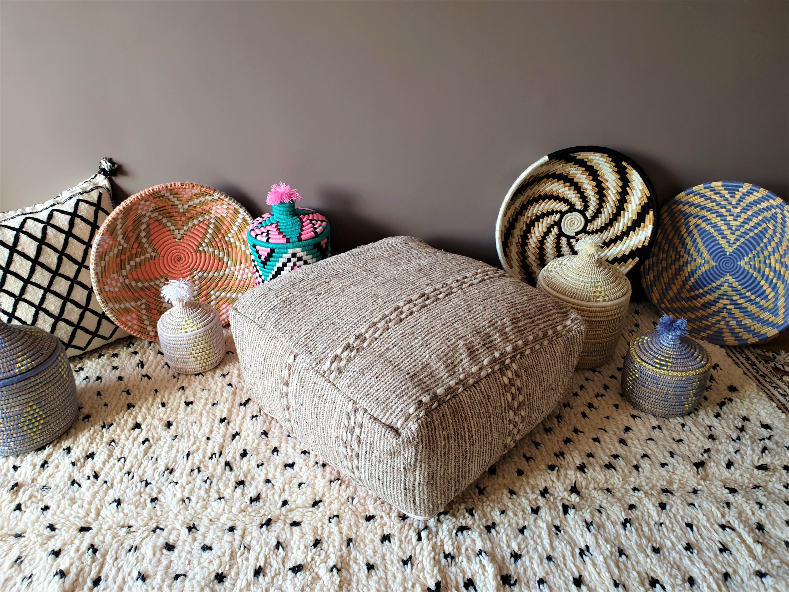 Pouf Berbère en Kilim Zanafi Laine et Dessous Kilim Vintage - Fait Main