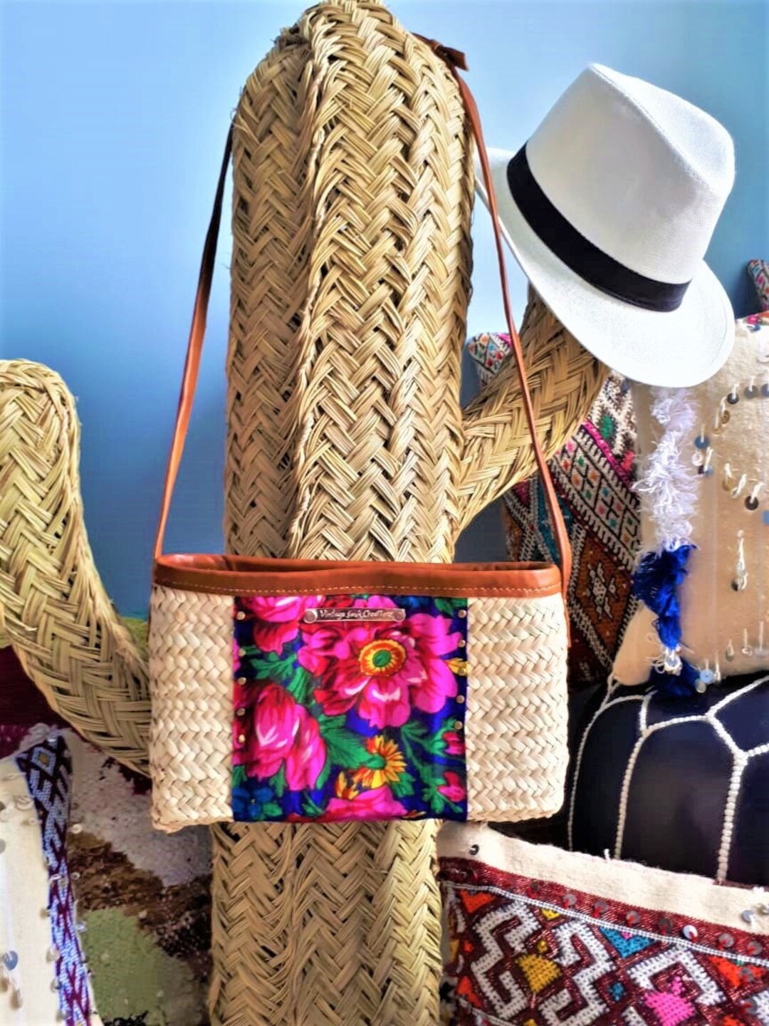 Nana Handbag in Doum and Fabric scarf Handmade Etsy