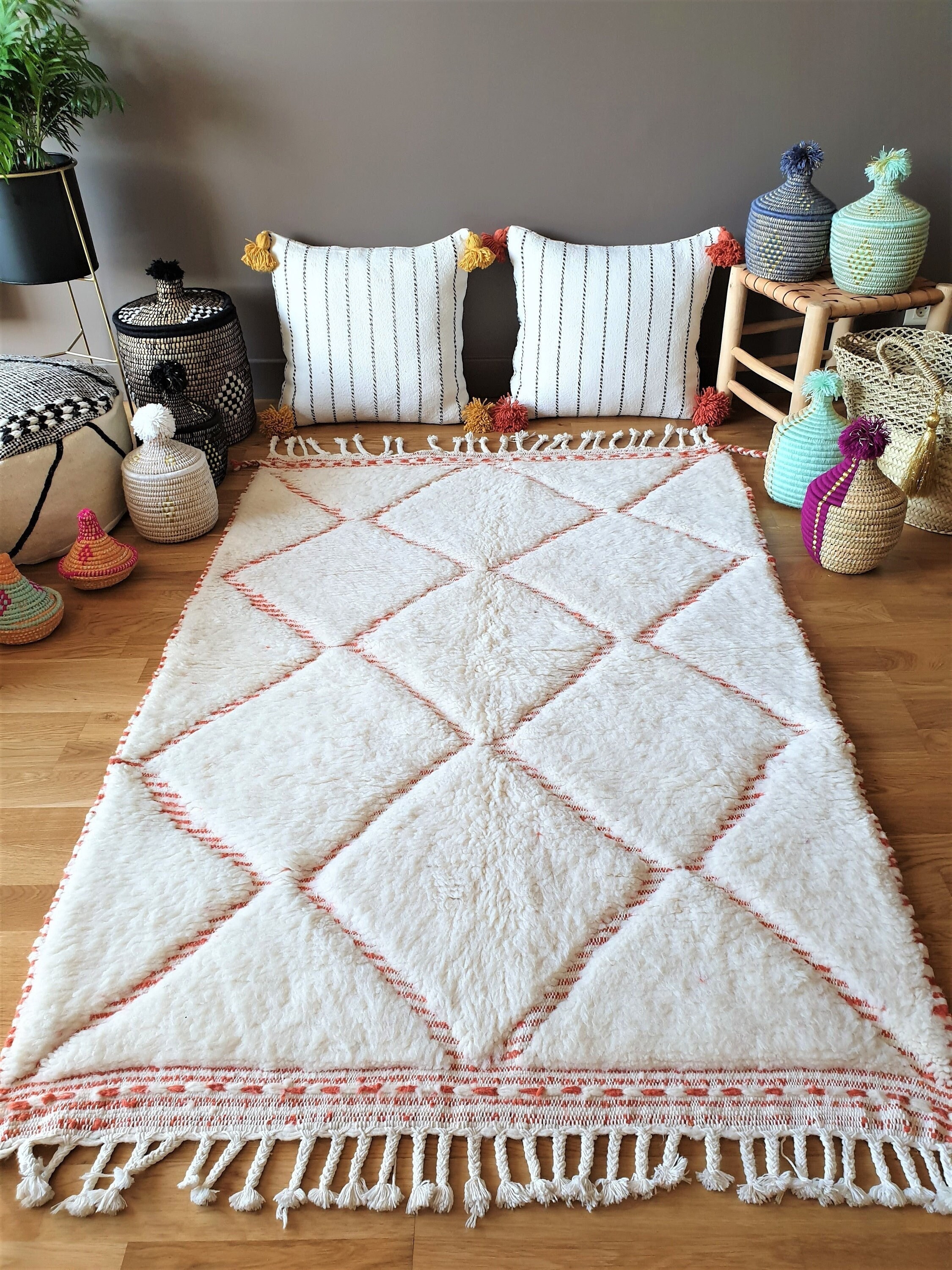 Tapis Berbère Beni Ouarain avec Losanges Terracotta Dans La Trame - Qualité Supérieure Fait Main