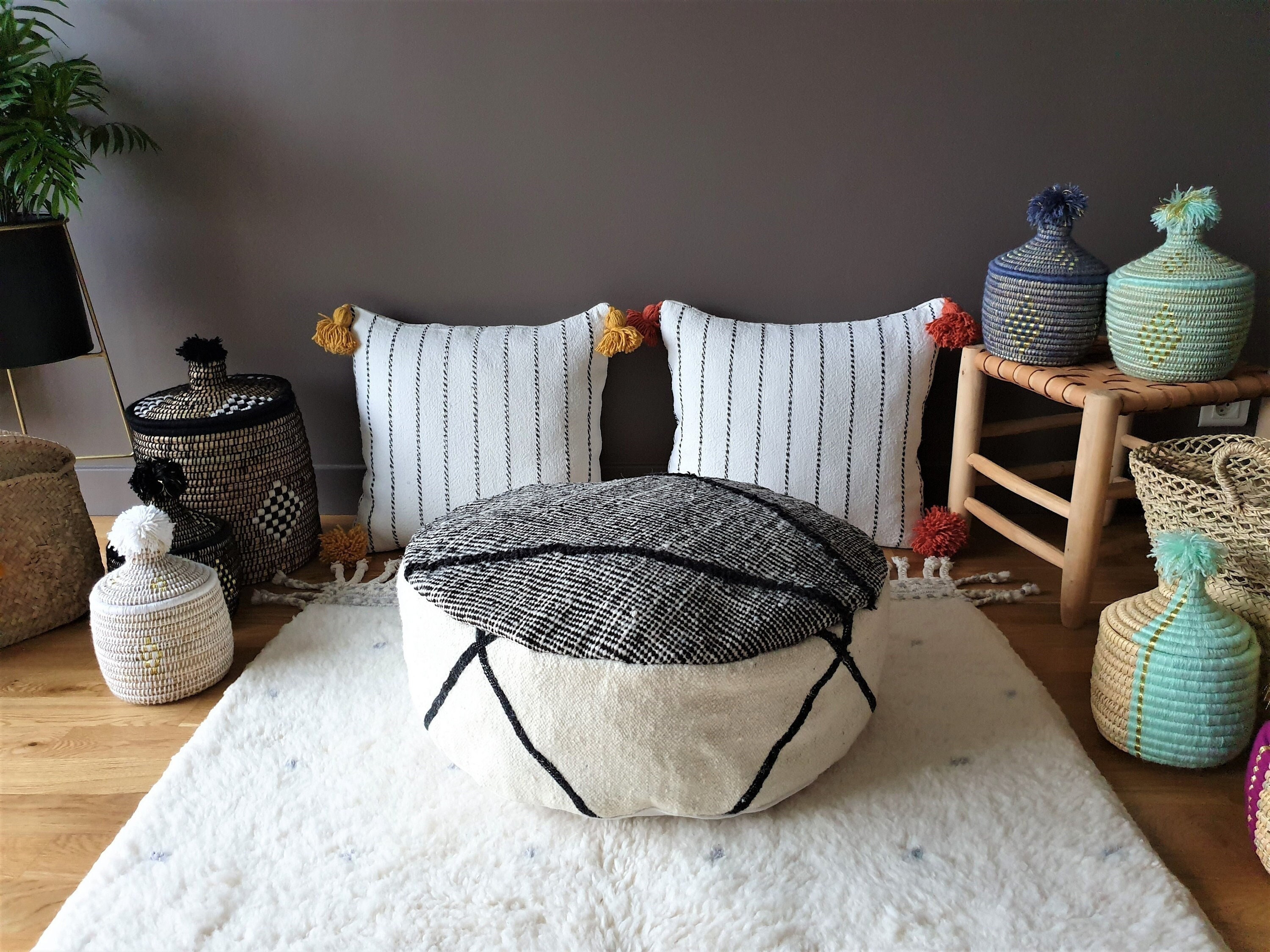 Pouf Berbère Rond en Kilim Zanafi Laine - Fait Main