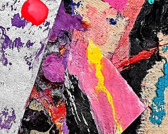 May include: Abstract painting with pink, purple, black, and silver paint. The painting features geometric shapes and a layered, textured style.