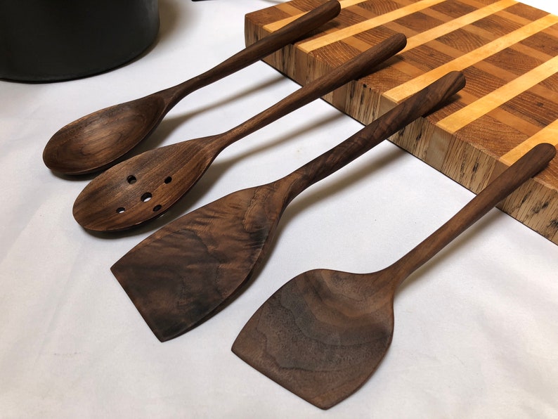 Dark Walnut mediumlarge kitchen utensils Handmade wooden set of 4