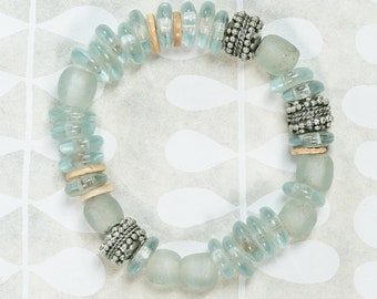 African Glass Bead Bracelet: Sterling Silver, Ostrich Eggshell