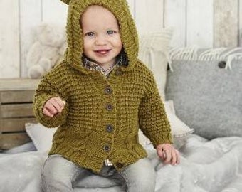 baby knitted hooded cable aran jacket cardigan hoodie coat with teddy bear ears 6-12  12-18 months mustard gender neutral unisex baby gift