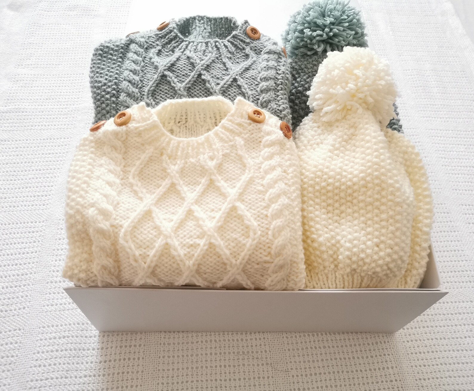 Baby Aran Cable Gift Set Sweater Jumper With Shoulder Fastening and Hat Beanie Ivory Cream