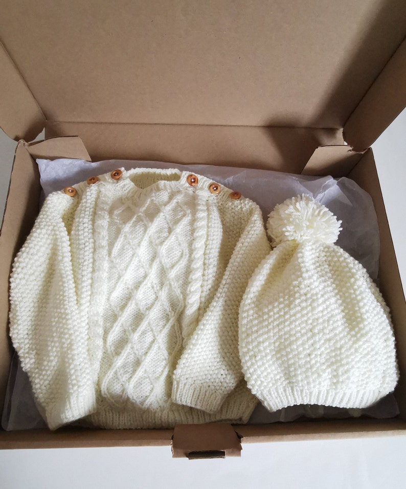 Baby Aran Cable Gift Set Sweater Jumper With Shoulder Fastening and Hat Beanie Ivory Cream