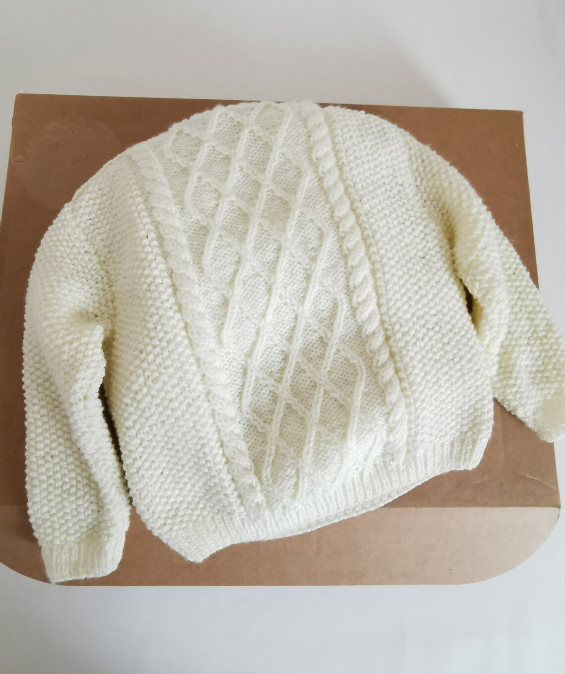 Baby Aran Cable Gift Set Sweater Jumper With Shoulder Fastening and Hat Beanie Ivory Cream