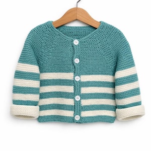 Teal and Ivory Striped Childs Jacket: Hand Knitted Baby Cardigan