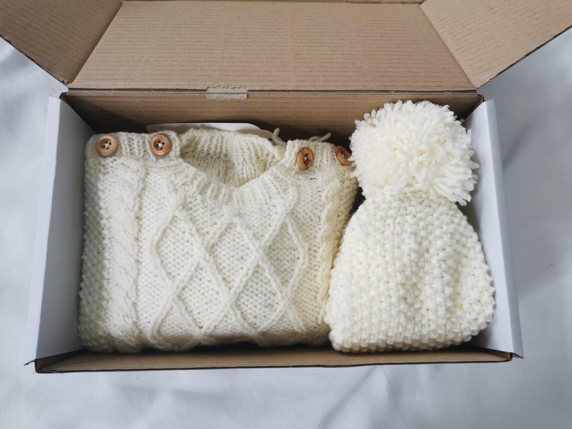 Baby Aran Cable Gift Set Sweater Jumper With Shoulder Fastening and Hat Beanie Ivory Cream