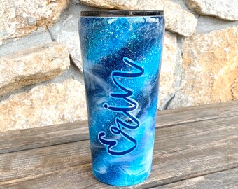 Blue turquoise swirl glitter tumbler, Turquoise glitter tumbler, Gifts for her