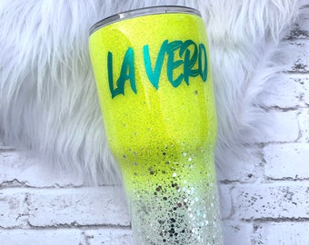 Neon yellow with chunky silver and white ombre glitter tumbler, Glitter dipped tumbler, FREE SHIPPING