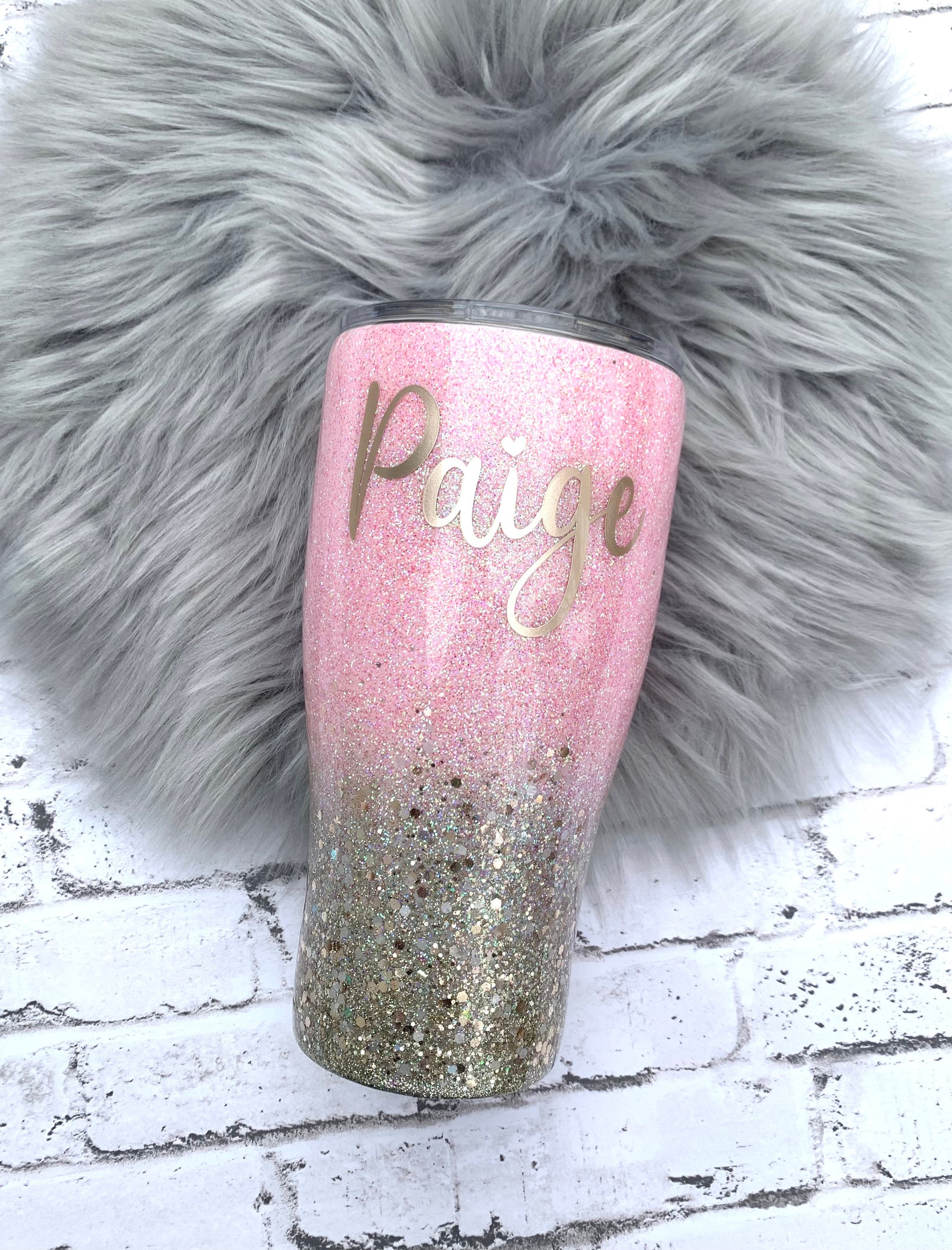 Girly Pink Glitter Drip Grey Monogram Thermal Tumbler