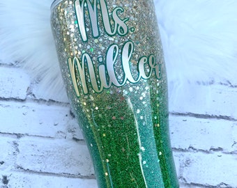 Champagne chunky gold and green glitter tumbler, Custom glitter tumbler, Gifts for her, FREE SHIPPING