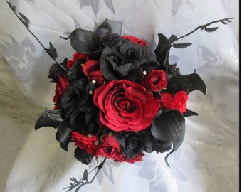Tulle /& Lace Flowers Brides Vintage Wedding Gothic Goth Alternative Halloween Posy Ready Made Black Peony Flower Bouquet