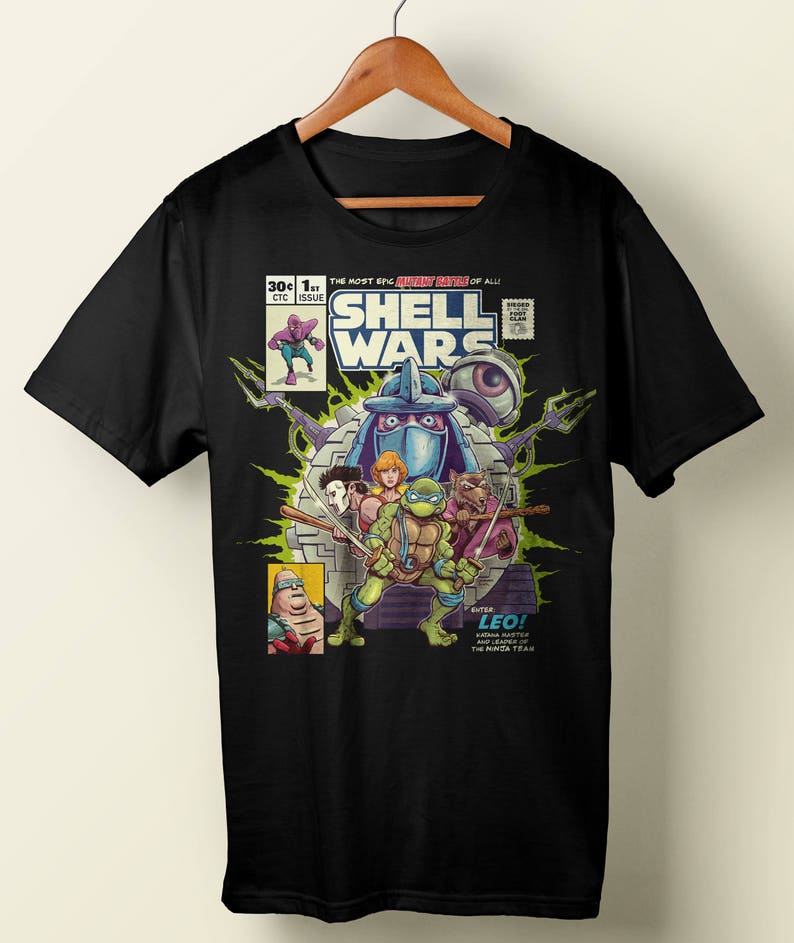 TMNT Ninja Turtles Tee Comics Nostalgia Crossover Cartoon Eighties Donatello Baxter Stockman Mashup 1980s