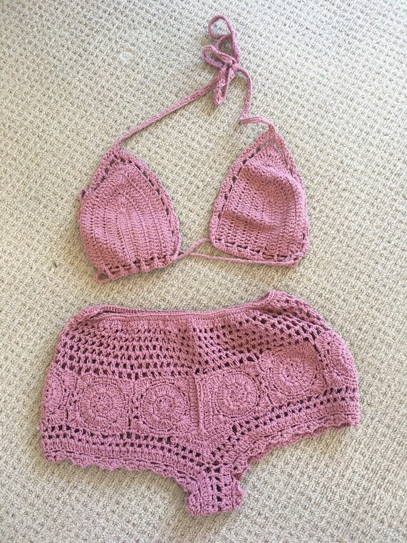 1970s never worn bikini, pastel cotton crochet