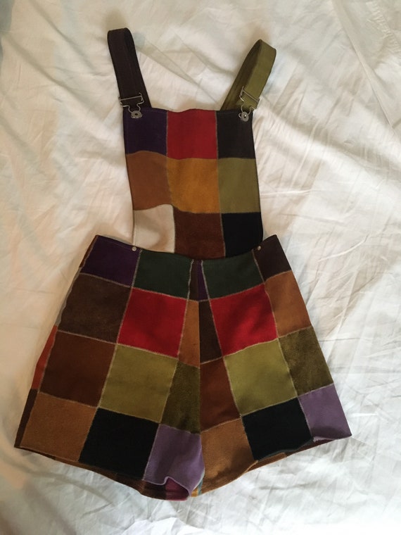 1970s Suede Patchwork Overall Romper
