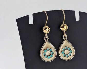 Cool Retro Long Tear Drop Cream Beige and Turquoise Floral Daisy Enamel Dangle Earrings