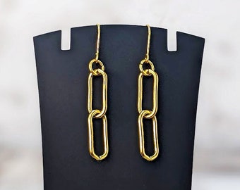 Cool Trendy Two Tone Gold and Silver Handmade Paperclip Chain Link Drop Hypoallergenic Stainless Steel Dangle Earrings