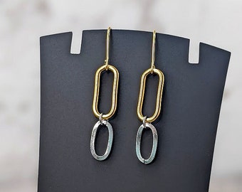 Cool Trendy Two Tone Gold and Silver Handmade Paperclip Chain Link Drop Hypoallergenic Stainless Steel Dangle Earrings