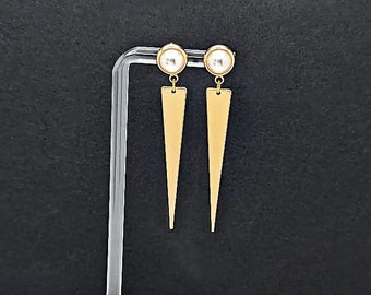 Cool Edgy and Unique Pearl Funky Long Skinny Triangle Elegant Gold Retro Statement Dangle Earrings