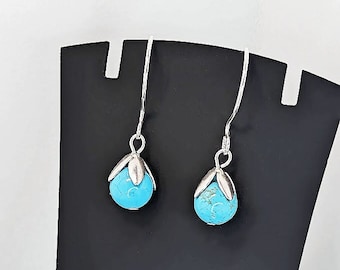 Cool Turquoise Blue Magnesite Gemstone Beaded Flower Sterling Silver Filled Boho Chic Dangle Earrings