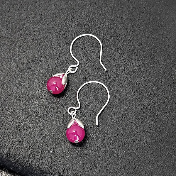 Cool Hot Pink Fuchsia Semi Precious Stone 925 Sterling Silver Filled Flower Dangle Earrings for Women