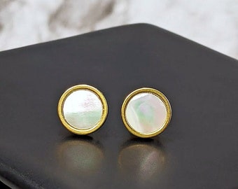 Cool Flat Round Thick Studs For Sensitive Ears Small Hypoallergenic Simple Gold White Mother of Pearl Modern Stud Earrings Stainless Steel