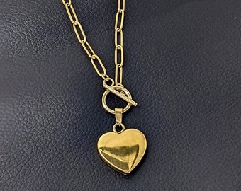 Cool Gold Heart Toggle Clasp Stainless Steel Paperclip Chain Hypoallergenic No Tarnish Pendant Necklace