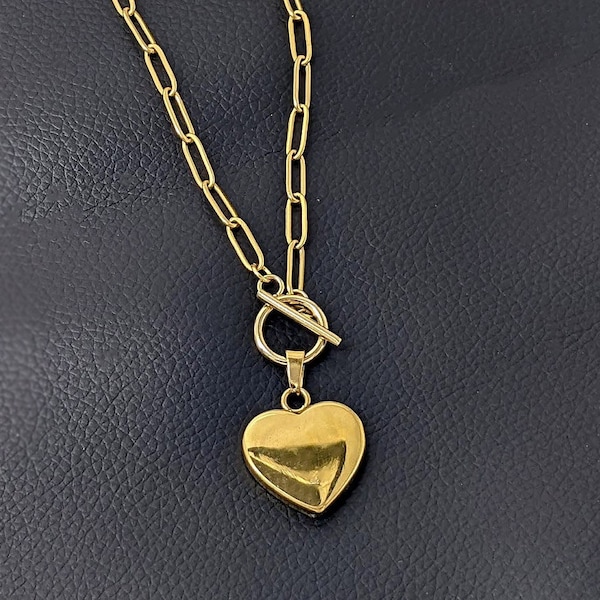 Cool Gold Heart Toggle Clasp Stainless Steel Paperclip Chain Hypoallergenic No Tarnish Pendant Necklace