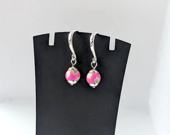 Cool Hot Pink Silver Flower Floral Clay Handmade Dangle Earrings for Women