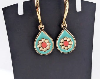 Cool Retro Turquoise Blue Teal White and Orange Daisy Flower Boho Tear Drop Earrings for Women