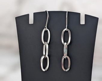 Cool Trendy Homemade Silver Paperclip Chain Link Modern Stainless Steel Drop Dangle Womens Earrings for Sensitive Ears