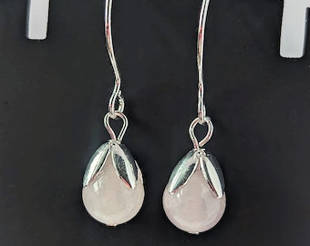 Cool Rose Quartz Semi Precious Stone 925 Sterling Silver Filled Flower Dangle Earrings for Women