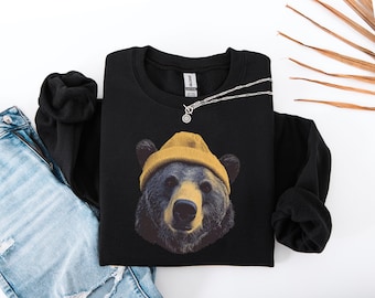 Grizzly Bear in Beanie Sweatshirt | Retro 90's Wildlife Camping sweatshirt|90s bear Pullover|Fun Wilderness Nature Camping Sweatshirt|