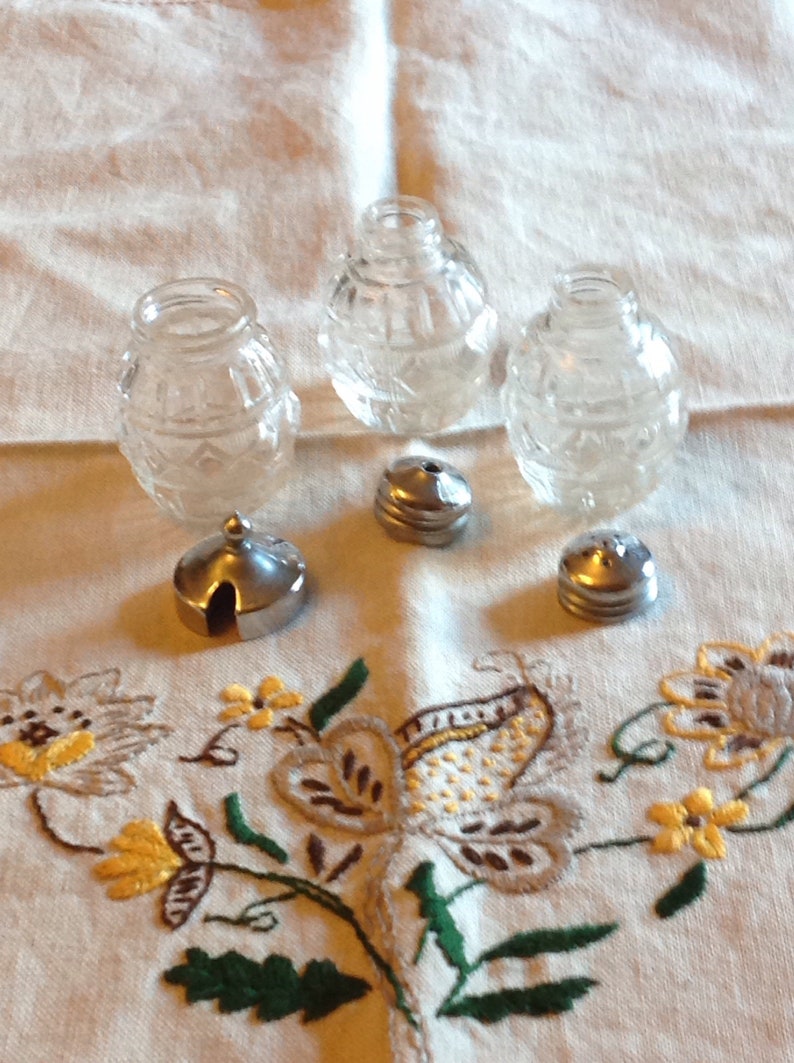Vintage Revolving Cruet Set Chrome With Glass Salt, Pepper and Mustard Pots, Decorated With a