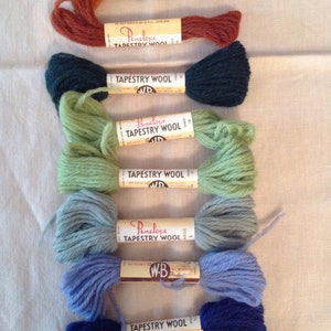 May include: An assortment of Penelope Tapestry Wool skeins in various colors, including shades of orange, green, and blue. Each skein is labeled with "TAPESTRY WOOL" and "Penelope" branding. Ideal for tapestry and needlepoint projects.
